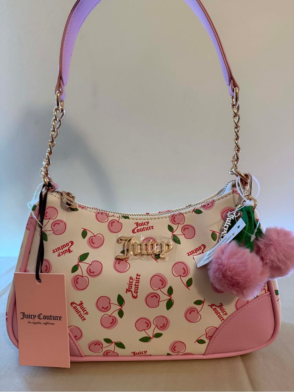 Juicy Couture Pink Cherry-Print Shoulder Bag with Pom Charm